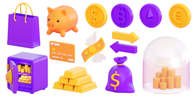 Conjunto de ícones de finanças e negócios 3D. dinheiro, bolsa de valores, investimento empresarial, conceito de negociação e finanças. renderização 3d realista de alta qualidade png