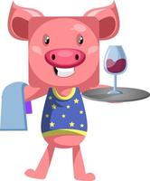 Pig with wine, illustration, vector on white background.