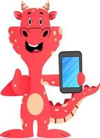 Red dragon is holding mobile phone, illustration, vector on white background.