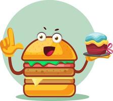 Burger is holding a cake, illustration, vector on white background.