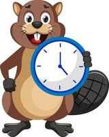 Beaver with clock, illustration, vector on white background.