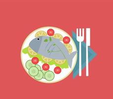 Fish on a plate, illustration, vector on white background.