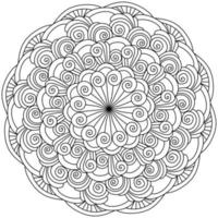 Mandala with many spiral curls and flowing lines, zen coloring book page vector illustration