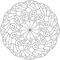 Outline mandala with emoticons and bunches of petals, coloring page with simple patterns vector