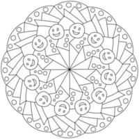 Outline mandala with emoticons and bunches of petals, coloring page with simple patterns vector