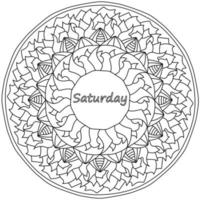 Mandala with Saturday lettering in the center, meditative coloring page with wavy petals and curls vector