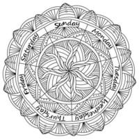 Seven-section mandala with days of the week, Meditative coloring page with day names and fantasy patterns vector
