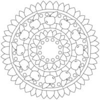 Simple mandala with fruits and patterns, coloring page with apples and petals vector