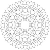 mandala simple con frutas y patrones, página para colorear con manzanas y pétalos vector