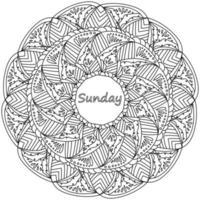 Mandala with inscription Sunday in the center, meditative coloring page with striped petals and loops vector