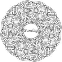 Mandala with inscription Sunday in the center, meditative coloring page with striped petals and loops vector