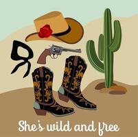 Vector isolated illustration of cactus with red rose lying near. Wild America. Retro cowgirl concept.