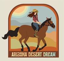 Retro cowgirl. Young girl riding a horse. Arizona desert dream. Wild West concept. vector