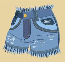 Vector illustration of denim shorts. Blue jeans. Isolated on beige background. Summer outfit.