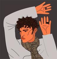 Vector portrait of young man in a scarf with his hands up. Attractive fashionable posing model.