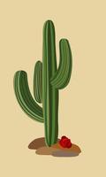 Vector isolated illustration of cactus with red rose lying near. Wild America. Retro cowgirl concept.