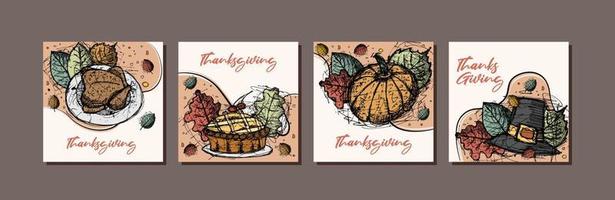 Thanksgiving greeting cards and invitations, used for social media, poster, flyer. Hand drawn vector illustration with autumn color.