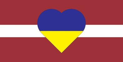 A heart painted in the colors of the flag of Ukraine on the flag of Latvia. Illustration of a blue and yellow heart on the national symbol. vector
