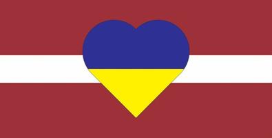 A heart painted in the colors of the flag of Ukraine on the flag of Latvia. Illustration of a blue and yellow heart on the national symbol. vector