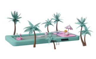 mobile phone or smartphone with swimming pool, palms, beach chair, inflatable flamingo, parasol, sandals, spring board isolated. summer travel vacation concept, 3d illustration or 3d render png