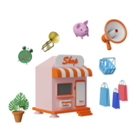 Ladenfront mit orangefarbenem Handy oder Smartphone, Megaphon, Sparschwein, Uhr, Papiertüten, Einkaufswagen isoliert. Startup-Franchise-Geschäftskonzept, 3D-Illustration oder 3D-Rendering png