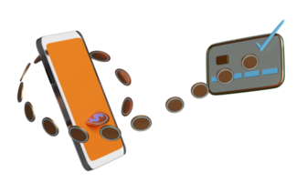 Orangefarbenes Mobiltelefon, Smartphone mit Kupferdollarmünzen, Kreditkarte, Scheck isoliert. online-shopping, internet-banking, kreditkartenkonzept, 3d-illustration oder 3d-rendering png