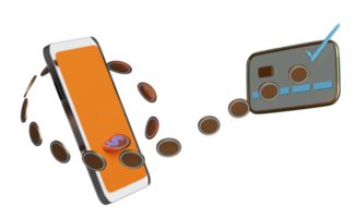 téléphone portable orange, smartphone avec pièces de monnaie en cuivre, carte de crédit, chèque isolé. achats en ligne, services bancaires par Internet, concept de carte de crédit de paiement, illustration 3d ou rendu 3d png