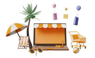 écran d'ordinateur portable orange avec devanture de magasin, chaise de plage, parapluie, flamant rose gonflable, feuille de palmier, panier d'achat, sacs en papier, concept de vente d'été en ligne, illustration 3d ou rendu 3d png