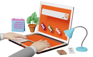 geschäftsmann, der orange laptop-computer auf tabelle mit kauf, verkauf, lohnetiketttag, wecker, rechnung, papierscheckbeleg lokalisiert verwendet. online-shopping-suchkonzept, 3d-illustration, 3d-rendering png