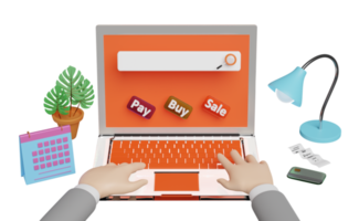 geschäftsmann, der orange laptop-computer auf tabelle mit kauf, verkauf, lohnetiketttag, wecker, rechnung, papierscheckbeleg lokalisiert verwendet. online-shopping-suchkonzept, 3d-illustration, 3d-rendering png