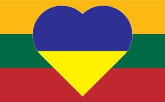 A heart painted in the colors of the flag of Ukraine on the flag of Lithuania. Vector illustration of a blue and yellow heart on the national symbol.