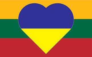 A heart painted in the colors of the flag of Ukraine on the flag of Lithuania. Vector illustration of a blue and yellow heart on the national symbol.