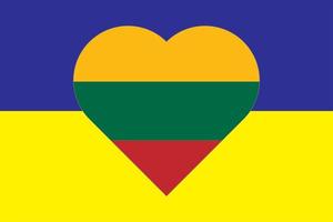 Heart painted in the colors of the flag of Lithuania on the flag of Ukraine. Vector illustration of a heart with the national symbol of Lithuania on a blue-yellow background.