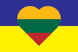 corazón pintado con los colores de la bandera de lituania en la bandera de ucrania. ilustración vectorial de un corazón con el símbolo nacional de lituania sobre un fondo azul-amarillo. vector