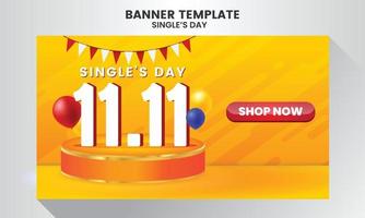 Orange Realistic single's day sale illustration banner template with balloon and party stage vector