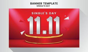 Realistic single's day sale illustration banner template with stage and red background vector