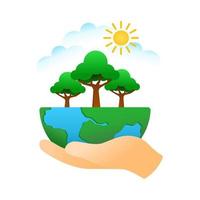 Only one earth environment concept design. Hand-holding world with tree, cloud, sun. Save the world. Vector illustration.