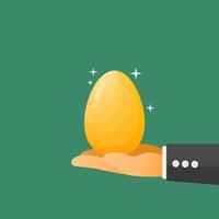 Gold easter egg on the hand. Special surprise. Golden egg. Voucher for the customer. Vector illustration.
