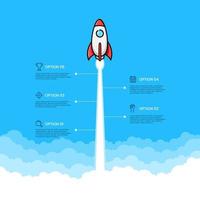 Startup rocket soars above the clouds. Business grows five steps. vector illustration