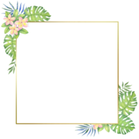 cadre doré avec des fleurs et des feuilles tropicales. illustration aquarelle pour invitations, cartes de vacances png