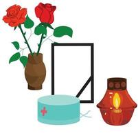 Funeral table with a black frame, a lombada, a medical cap and two roses in a vase. Vector illustration.