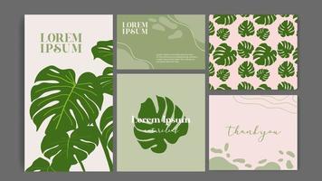 Monstera leaf green background collection card vector