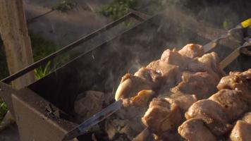 cuisiner de délicieux shashlik. nourriture délicieuse sur brochette en métal au barbecue. nourriture de rue kebab. griller un plat savoureux sur le barbecue. viande sur le bûcher video