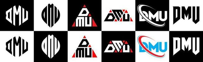 DMU letter logo design in six style. DMU polygon, circle, triangle, hexagon, flat and simple style with black and white color variation letter logo set in one artboard. DMU minimalist and classic logo vector