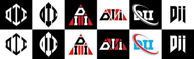 DII letter logo design in six style. DII polygon, circle, triangle, hexagon, flat and simple style with black and white color variation letter logo set in one artboard. DII minimalist and classic logo vector