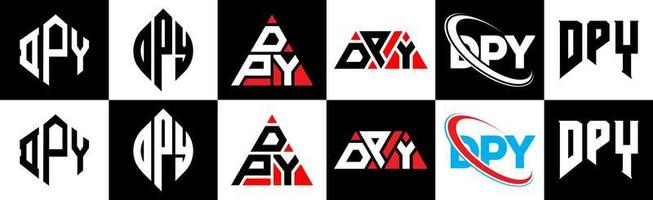 DPY letter logo design in six style. DPY polygon, circle, triangle, hexagon, flat and simple style with black and white color variation letter logo set in one artboard. DPY minimalist and classic logo vector