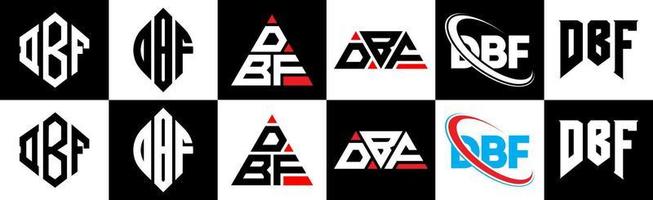 DBF letter logo design in six style. DBF polygon, circle, triangle, hexagon, flat and simple style with black and white color variation letter logo set in one artboard. DBF minimalist and classic logo vector