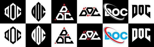 DOC letter logo design in six style. DOC polygon, circle, triangle, hexagon, flat and simple style with black and white color variation letter logo set in one artboard. DOC minimalist and classic logo vector