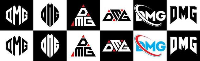 DMG letter logo design in six style. DMG polygon, circle, triangle, hexagon, flat and simple style with black and white color variation letter logo set in one artboard. DMG minimalist and classic logo vector