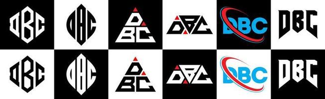 diseño de logotipo de letra dbc en seis estilos. polígono dbc, círculo, triángulo, hexágono, estilo plano y simple con logotipo de letra de variación de color blanco y negro en una mesa de trabajo. logotipo minimalista y clásico de dbc vector